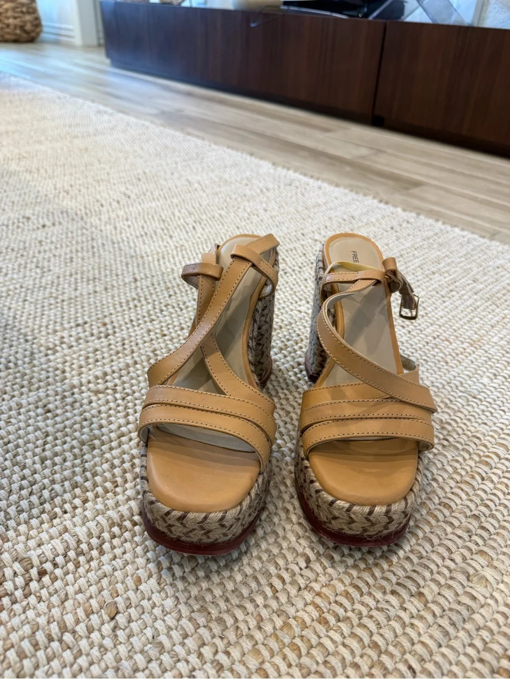 Free People Natural Tan Leather Lisbon Platform Espadrille Sandals
